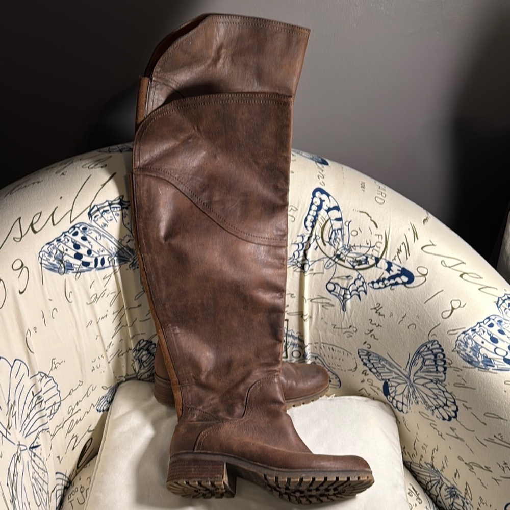 Lucky Brand Brown Microsuede Leather Look OTK Boots SZ 8.5